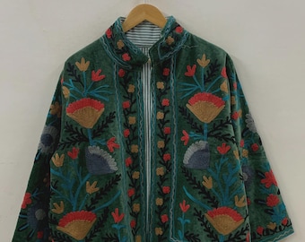 Green Velvet Suzani Embroidered Jacket | Partywear Tailored Jacket |Bomber Coat | Hippie Jacket | 70s Style Coat | Gift For Her |Winter Coat