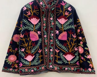 Black Suzani Velvet Short Jacket | Suzani Embroidery Jacket | Winter Wear Women's Jacket Coat | Suzani Coat | Gift For Her |Duster Jacket