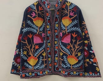 Velvet Suzani Floral Jacket | Women Winter Kimono Jacket | Embroidered Jacket | Winter Warm Coat | Handmade Jacket | Gift for Her