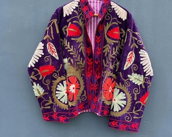 Vintage Suzani Embroidery Velvet Jacket | Boho Coat | Unisex Winter Jacket | Ethnic Chic Outerwear for Seasonal Outfits | Boho Gift For Her