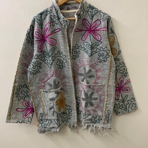 Embroidered Cotton Suzani Throw Kimono – Throw Bomber Shrug – Tribal Spring Coat – Boho Women&#39; s Clothing -Ethnic Outerwear Layering Jacket