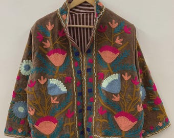 Suzani Velvet Festival Jacket | Handmade Embroidered Boho Coat | Traditional Ethnic Wear Jacket  | Floral Jacket | Warm Winter Jacket
