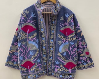 Grey Suzani Velvet Short Jacket | Vintage Button Winter Coat | Short Ethnic Jacket | Spring Bomber Jacket | Gift For Her | Suzani Outerwear