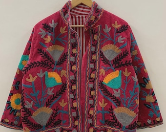 Boho Suzani Velvet Kimono Jacket | Hand Embroidered Short Coat | Vintage Ethnic Wear | Cropped Jacket | Winter Outfit | Gift for Her