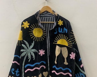 Black Unique Velvet Suzani Short Jacket |Embroidered Statement Coat | Sun, Palm, Moon & Heart Design | Colorful Festival Jacket |Duster Coat