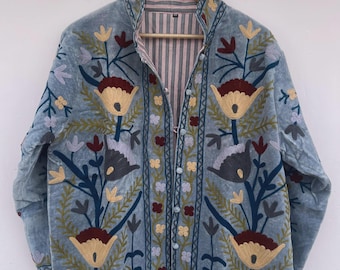 Suzani Embroidered Velvet Winter Jacket | Handmade Short Festival Coat | Ethnic Bohemian Outerwear | Winter Kimono Jacket | Gift For Wife