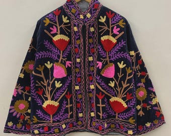 刺繍入りベルベットスザニ冬用ジャケット｜インド風ボヘミアンスタイルコート｜春用ボンバージャケット｜女性へのギフト｜スザニアウター｜ダスタージャケット