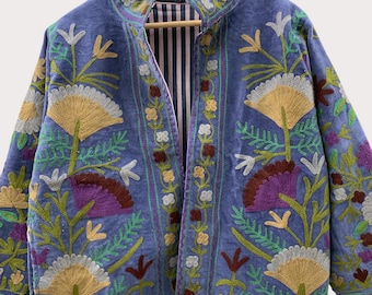 Suzani Embroidery Velvet Jacket Oversized | Traditional Boho Cropped Coat | Handmade Ethnic Festival Wear for Women | Gift For Wife