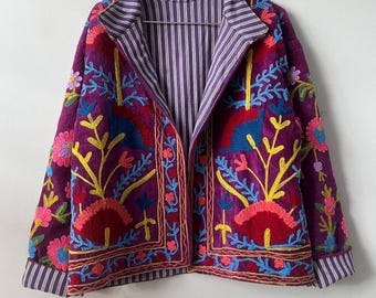 Bohemian Velvet Suzani Embroidered Coat | Floral Statement Jacket | Ethnic Duster Outerwear | Bomber Style Jacket |Gift For her