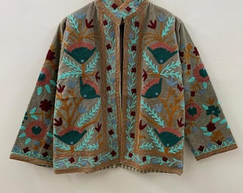 Indian Style Velvet Embroidery Suzani Jacket | Boho Coat | Unisex Bridesmaid Gift | Winter Jacket | Kimono Robe, Duster Jacket, Gift For Her