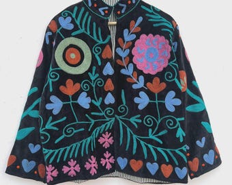 Suzani Embroidered Velvet Winter Jacket | Short Festival Coat | Ethnic Bohemian Outerwear | Winter Kimono Jacket | Gift For Wife