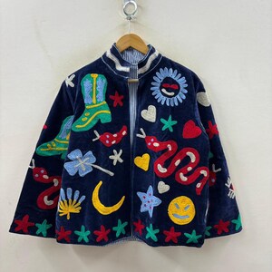 Suzani Celestial Moon Star Embroidered Velvet Jacket | Ethnic Kimono Jacket | Warm Winter Outerwear | Gift for Her | Cropped Kimono Jacket