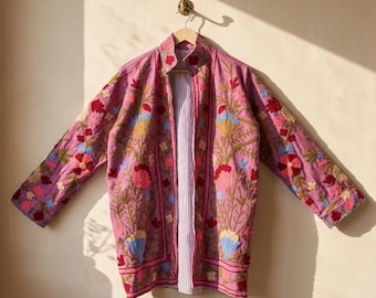 Suzani Cotton Jacket | Embroidered Kimono Coat | Oversized Winter Outerwear | Indian Ethnic Jacket | Warm Winter Coat | Gift for Her