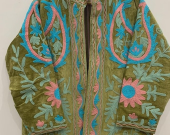 Bohemian Suzani Kimono Jacket | Oversized Velvet Embroidered Coat | Vintage Inspired Outerwear | Cropped Jacket | Winter Wear Jacket | Gift