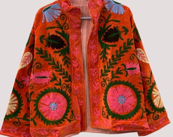 Handmade Velvet Vintage Suzani Winter Short Jacket | Boho Jacket | Bomber Suzani Jacket | Winter Warmed Coat | Gift For Her | Duster Coat