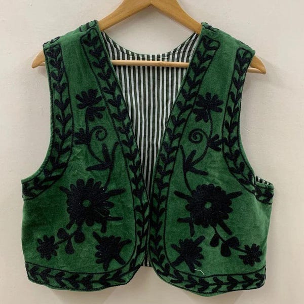 Green Velvet Suzani Vest | Hand Embroidered Floral Vest | Boho Sleeveless Waistcoat | Vintage Festival Jacket | Statement Bohemian Vest