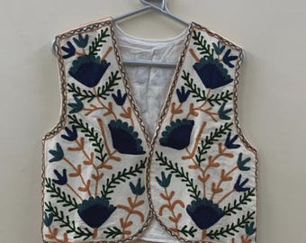Boho Suzani Embroidered Vest | Handmade Floral Cotton Waistcoat | Vintage Ethnic Suzani Jacket | Festival Bohemian Vest | Gift for Her