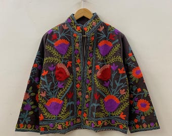 Indian Suzani Velvet Short Jacket | Suzani Embroidery Jacket | Winter Wear Women's Jacket Coat | Suzani Coat | Gift For Her |Duster Jacket