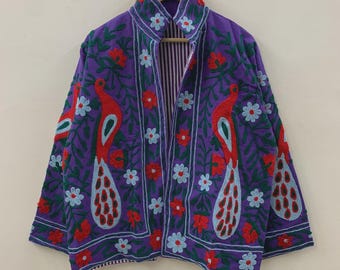 Vintage Cotton Suzani Boho Embroidered Coat |Bomber Coat |Ethnic Floral Peacock Jacket |Colorful Festival Clothing |Bohemian Outerwear |Gift