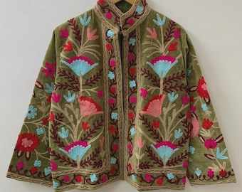 Bohemian Suzani Embroidered Velvet Winter Jacket | Handmade Short Festival Coat