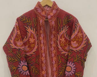 Red Cotton Suzani Hand Embroidered Jacket: Boho Ethnic Clothing, Embroidery Coat, Suzani Cotton Boho Jacket, Gift For Her, Boho Suzani Coat