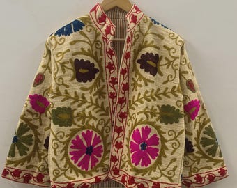 TNT Fabric Suzani Short Jacket | Embroidered Boho Jacket | Vintage Uzbek Textile | Floral Bomber Coat | Bohemian Outerwear | Gift For Her