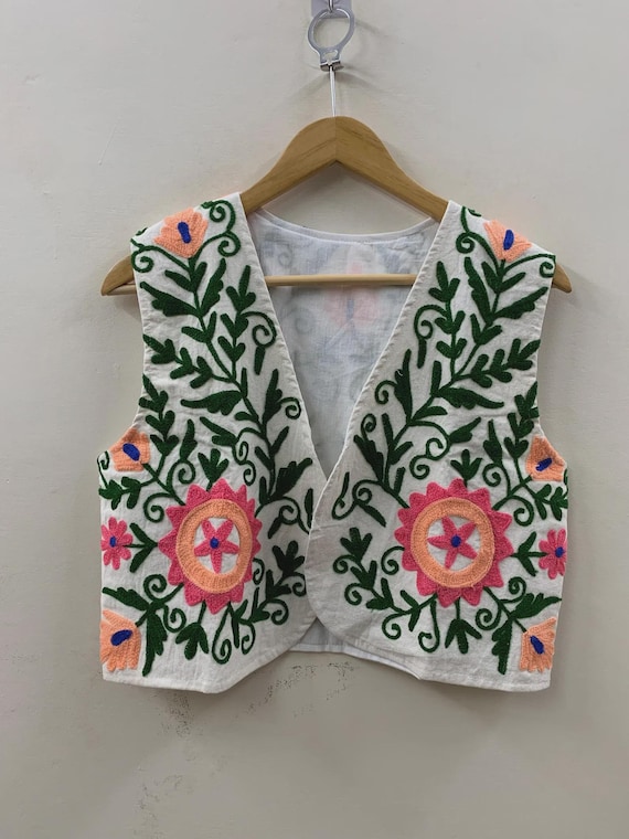 cotton embroidery vest 　louren Suzani Embroidered Cotton Vest | Boho Floral Waistcoat | Handmade