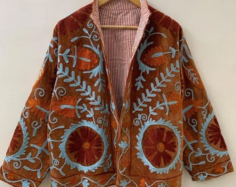 Brown Soft Velvet Suzani Winter Short Jacket | Winter Handmade Jacket | Embroidered Jacket Coat | Velvet Jacket | Suzani Coat | One Size