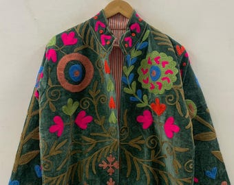 Handmade Suzani Embroidered Velvet Jacket | Bohemian Festival Coat | Gift For Her | Duster Outerwear | Statement Jacket | Artisan Jacket