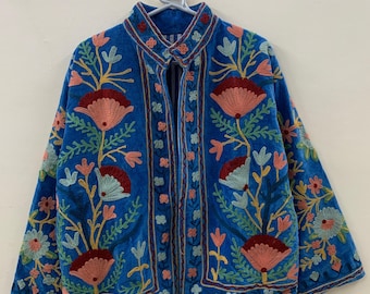 Boho Suzani Embroidered Velvet Jacket | Gift for Her | Oversize Jacket | Winter Coat | Uzbek Coat | Duster Jacket | Handmade Outerwear