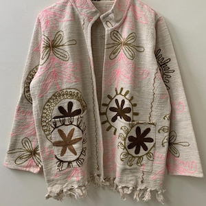 Embroidered Cotton Suzani Throw Kimono – Boho Throw Shrug – Tribal Spring Coat – Boho Women&#39; s Clothing -Ethnic Outerwear Layering Jacket