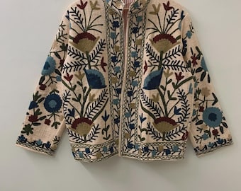 Vintage TNT Suzani Short Jacket |Vintage Embroidered Floral Coat |Ethnic Uzbek Textile |Festival Kimono Jacket |Warm Outerwear |Gift For Her