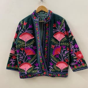 Green Suzani Embroidered Velvet Jacket | Handmade Short Festival Coat | Ethnic Bohemian Outerwear | Winter Kimono Jacket | Gift For Wife