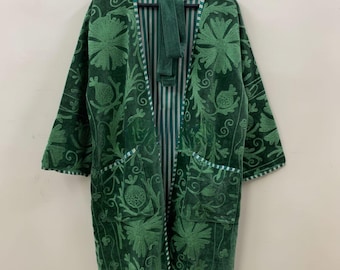 Green Long Suzani Kimono Jacket | Boho Embroidered Duster | Vintage Uzbek Coat | Gift For Her