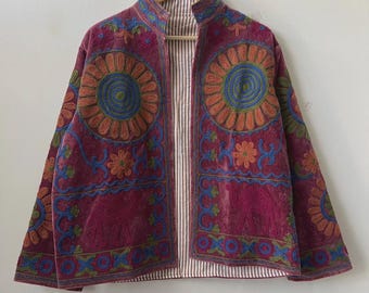 Velvet Suzani Embroidered Kimono Jacket | Uzbek Ethnic Coat | Boho Velvet Jacket | Handmade Floral Outerwear | Winter Coat | Gift for Her