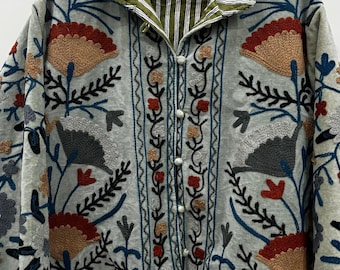 Indian Suzani Embroidery Jacket Batton Coat, Winter Suzani Jacket, Velvet Kimono Coat, Suzani Coat, Outerwear, Travel Jacket, Gift For Her