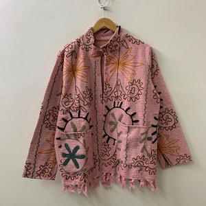 Vintage Suzani Embroidered Cotton Throw Kimono – Boho Throw Suzani Shrug – Tribal Spring Coat – Clothing -Outerwear Duster Jacket /Shrug