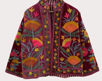 Vintage Suzani Embroidered Velvet Jacket |Pink Jacket | Bomber Hippie Jacket | Winter Warmed Coat | Gift For Her |Duster Short Floral Jacket
