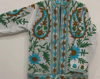 Velvet Suzani Embroidered Jacket – Handcrafted Floral Pattern with Lining And Handmade Buttons, Women's Wear Gift For Her - Duster Jacket