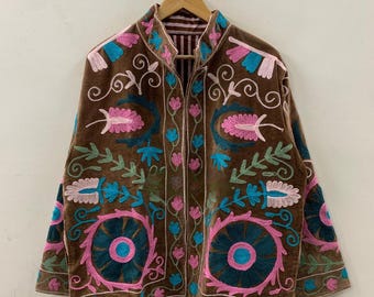 Suzani Embroidered Velvet Winter Jacket | Handmade Short Festival Coat | Ethnic Bohemian Outerwear | Winter Kimono Jacket | Gift For Wife