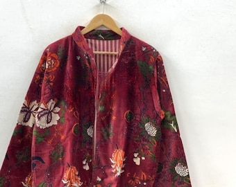 Kurze, bedruckte Samtjacke im Boho-Vintage-Stil | Stylische Cropped-Jacke | Weiche, luxuriöse Samt-Oberbekleidung – Herbst- und Wintermode | Festival- oder Abendgarderobe