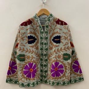 Cotton Suzani Short Floral Jacket – Embroidered Vintage Coat – Tribal Festival Kimono Jacket |Gift For Her | Duster Jacket |Bomber Chic Coat