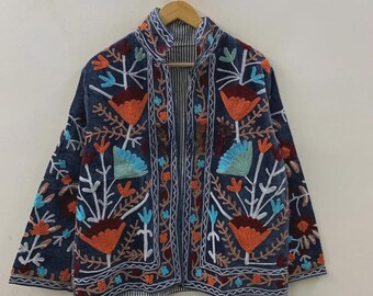 Vintage Style Suzani Embroidery Cotton Jacket| Unique Bohemian Coat| Boho Outerwear | Summer Jacket |Spring Festive Coat | Gift For Her