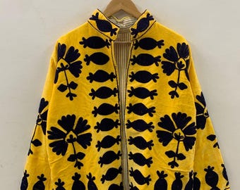 Mustard Velvet Embroidered Suzani Jacket |Bohemian Duster Coat | Women Suzani Coat |Embroidered Suzani Jacket, Robe |Gift For Her |Boho coat
