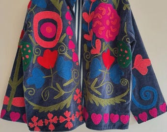 Velvet Vintage Suzani With Pocket Winter Jacket | Floral Jacket | Bomber Jacket | Warmed Coat | Gift For Her | Winter Jacket