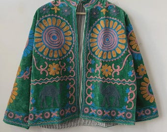 Velvet Suzani Hand Embroidered Jacket | Floral Tailored Jacket |Bomber Coat | Hippie Jacket | 70s Style Coat | Gift For Her |Winter Coat