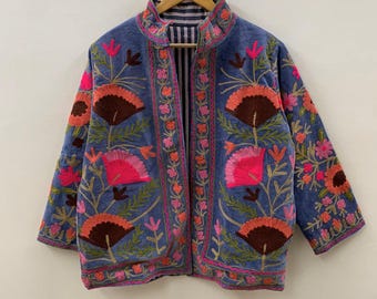 Ethnic Grey Velvet Embroidery Suzani Jacket | Boho Coat | Unisex Bridesmaid Gift | Winter Jacket | Kimono Robe, Duster Jacket, Gift For Her