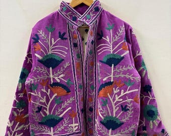 Velvet Suzani Winter Short Jacket |Boho Floral Jacket | Bomber Suzani Jacket | Winter Warmed Coat | Gift For Her | Duster Boho Coat