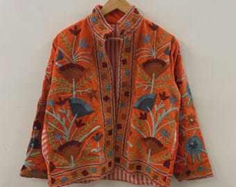 Suzani Embroidered Velvet Jacket | Bomber Winter Jacket | Festival Wedding Coat | Duster Outerwear | Cropped Bohemian Jacket | Gift For Her