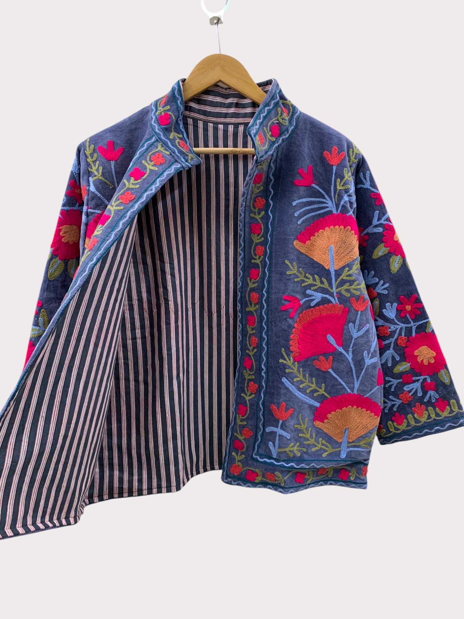 Velvet Suzani Jacket | Floral Embroidered Uzbek Coat | Boho Winter
